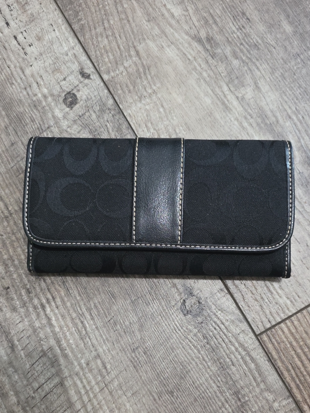 Coach Black Signature Jacquard Fabric & Leather Trim Checkbook Trifold Wallet
